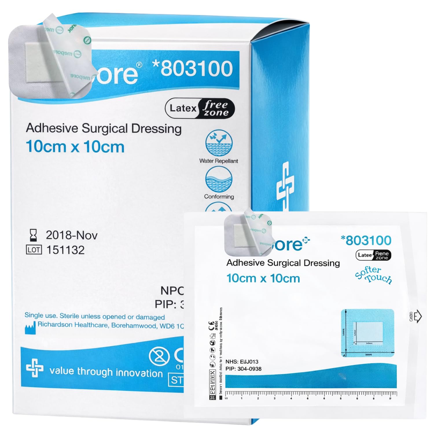 Softpore Adhesive Surgical Dressing 10cm x 10cm (10 Single DRESSINGS)