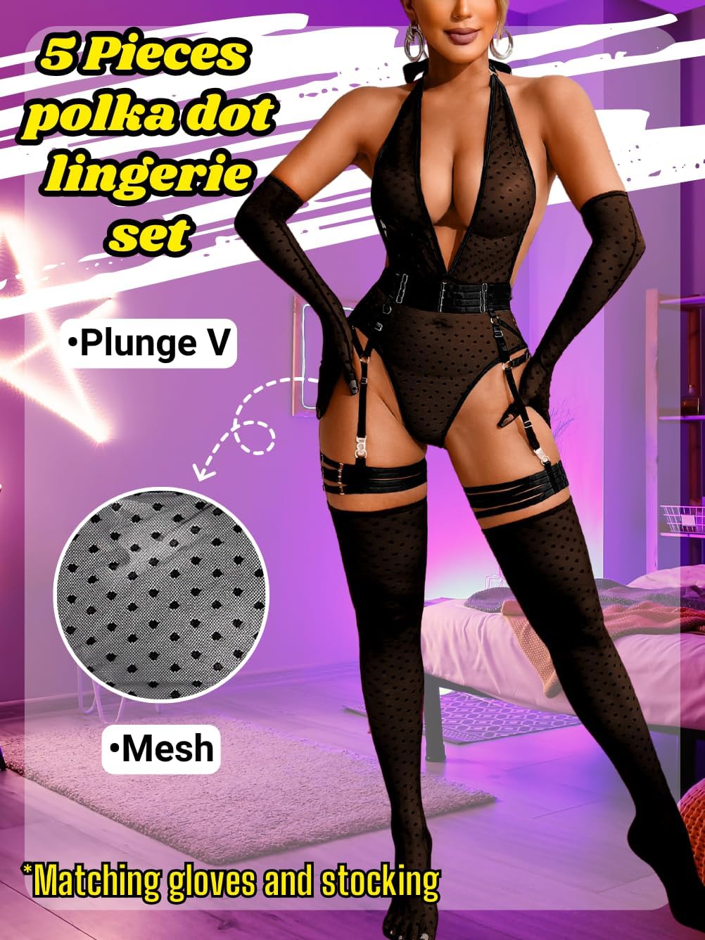 Sheer Mesh Bodysuit, Sexy 5PC Lingerie For Women, Plunge Neck Halter Backless, Garter Belt Thigh High Stockings - Image 2