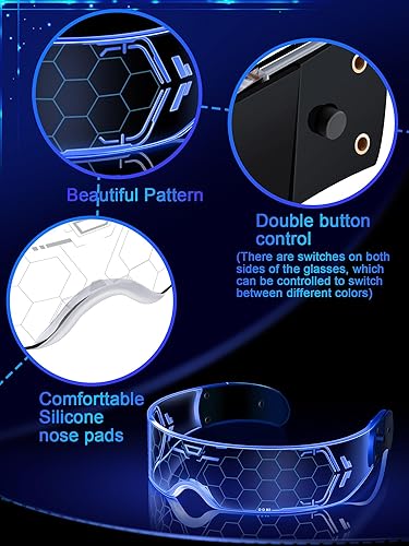 Miniatura 4 de 2 pares de anteojos de visera LED, 7 colores, gafas futuristas, 4 modos, anteojos luminosos de panal de abeja para adultos
