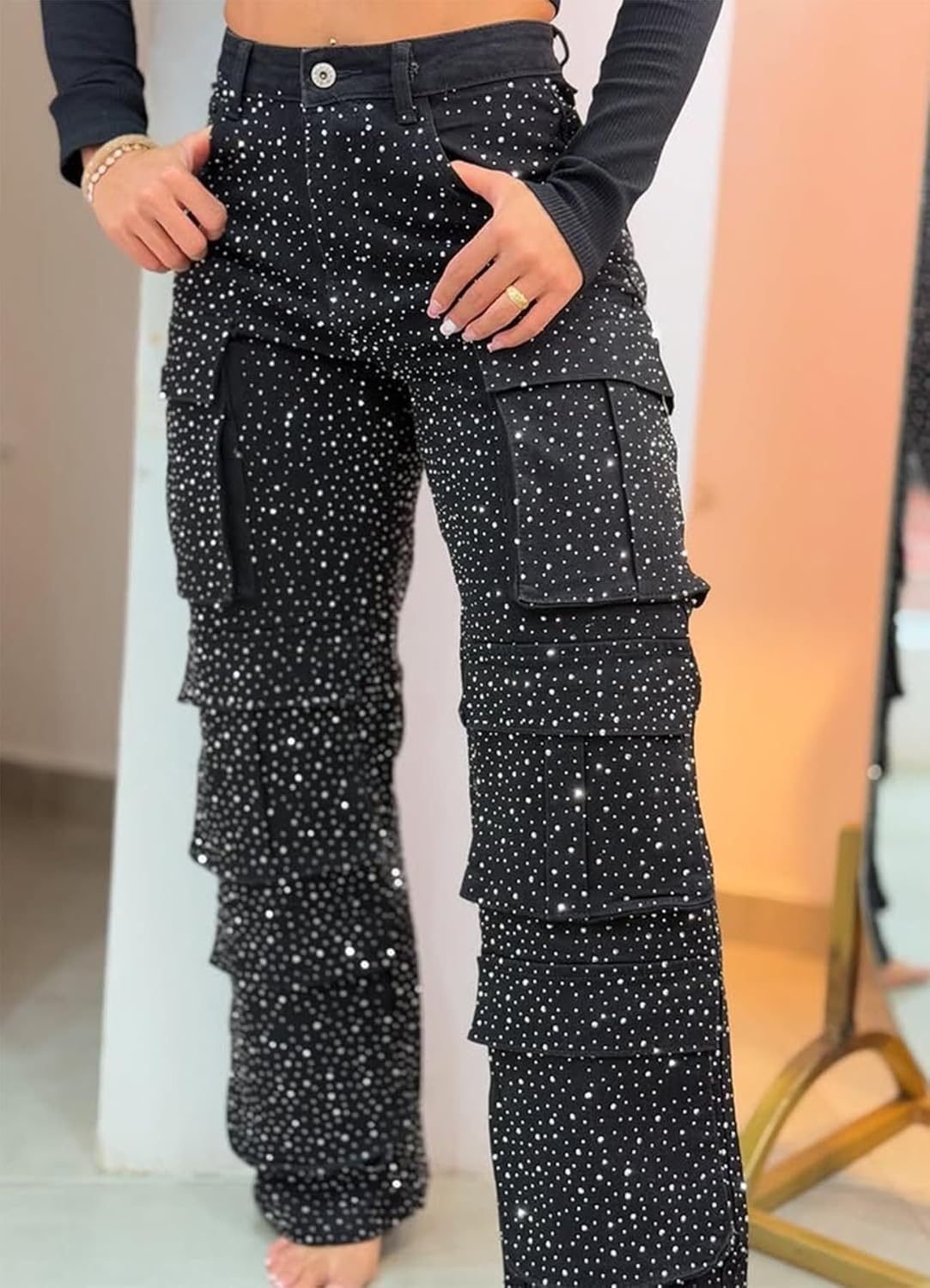 Women's High Waisted Cargo Jeans, Rhinestone Embellished Denim Pants, Multi-Pocket Wide Leg Design