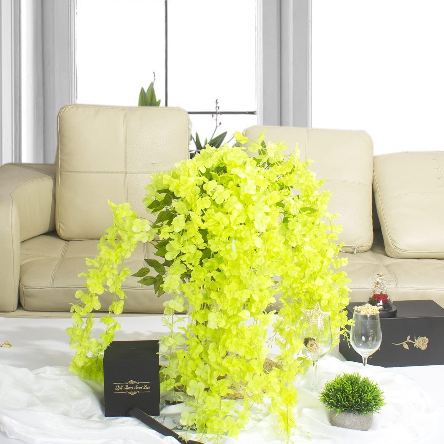 Water Proof Hanging Artificial Wisteria Flower Strings_Pack of 6_Light Green Color_110 Cms_for Wedding_Party_Home_Ceiling_Balcony_Office_Wall Decor WF5