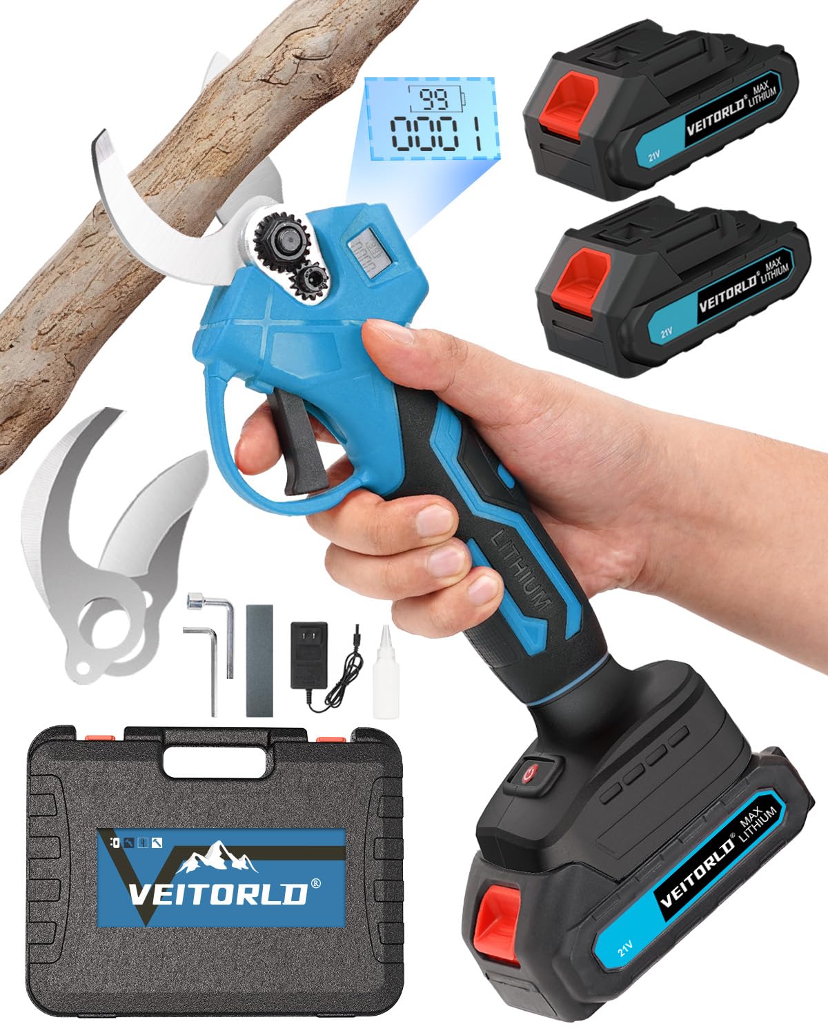Veitorld Akku Astschere, 30mm Bürstenloser Motor Gartenschere mit 2 Akku 2000mAh, Elektrische Bypass-Baumschere für Makita 18V Akku, Ergonomischer Griff, Geschenke für Männer Frauen