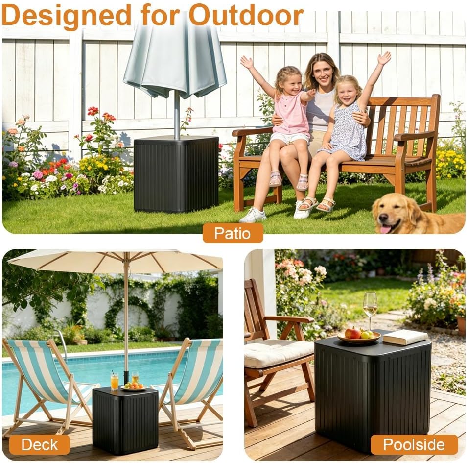 2-in-1 Umbrella Side Table – 16.54" Outdoor Patio Table with Fillable 15 Gal Water/Sand Base, Fits 1.5" Pole, UV Resistant for Pool, Deck, Garden (Black)
