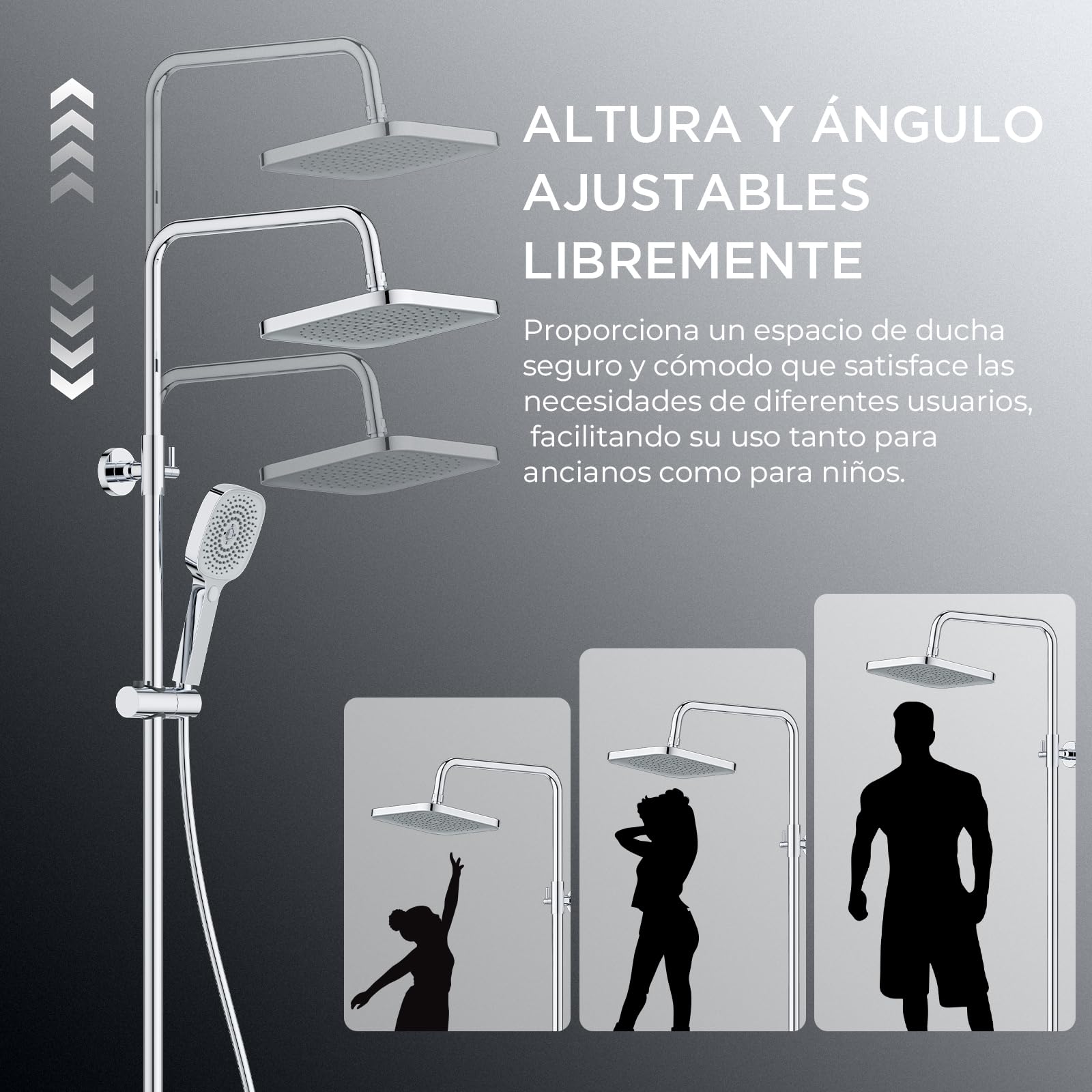 FORIOUS Set Grifo de Ducha Termostático, Set Columna de Ducha de Acero Inoxidable con Ducha de Lluvia Overhead Cuadrada de 25 cm, Ducha de Mano con 3 Tipos de Chorro,Barra de Ducha Ajustable en Altura