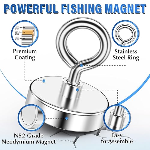 Miniatura 15 de Imán de pesca de neodimio, fuerza de tracción de 150 libras, imán fuerte de tierras raras con perno de ojo avellanado para colgar, hogar, cocina