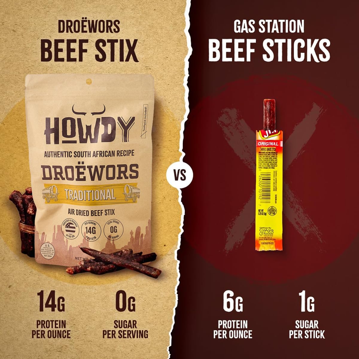 Howdysnax Handcraft Authentic Small Batch Droëwors Beef Sticks Sugar Free, Soy Free, Paleo & Keto Friendly Snack (Two 8oz Packs)