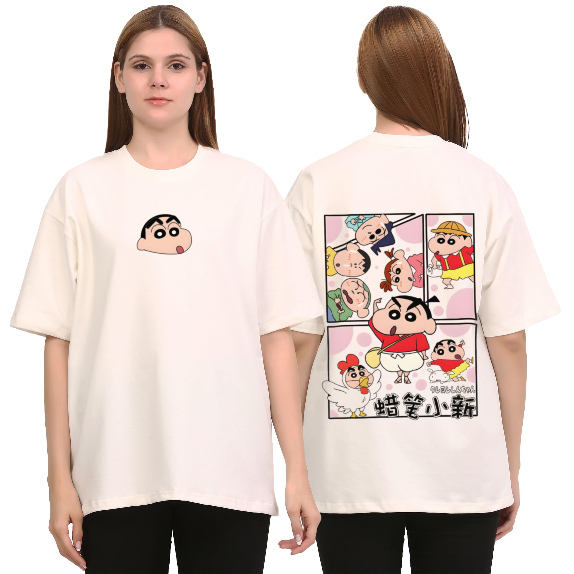 Shinchan Oversized T Shirt for Women & Men | Cartoon Character Graphic Baggy Loose Fit Drop Shoulder Unisex Streetwear Tshirt White-image-22