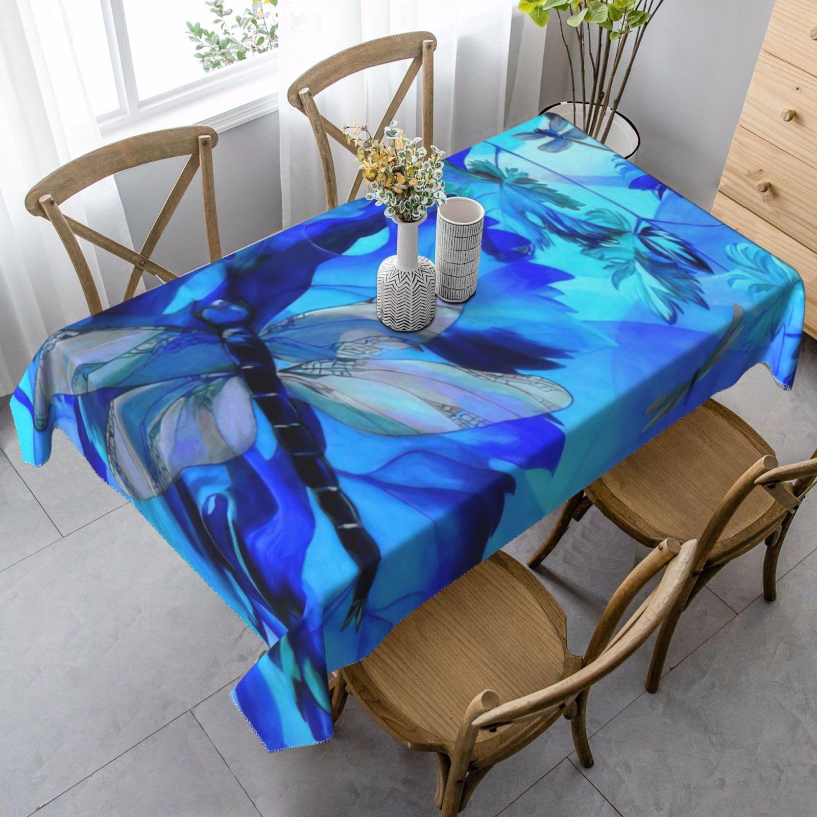 yagDAA Art Blue Dragonfly Print Rectangle Tablecloth Table Cover Indoor Outdoor Dining Room Kitchen Table Cloth 140x90cm