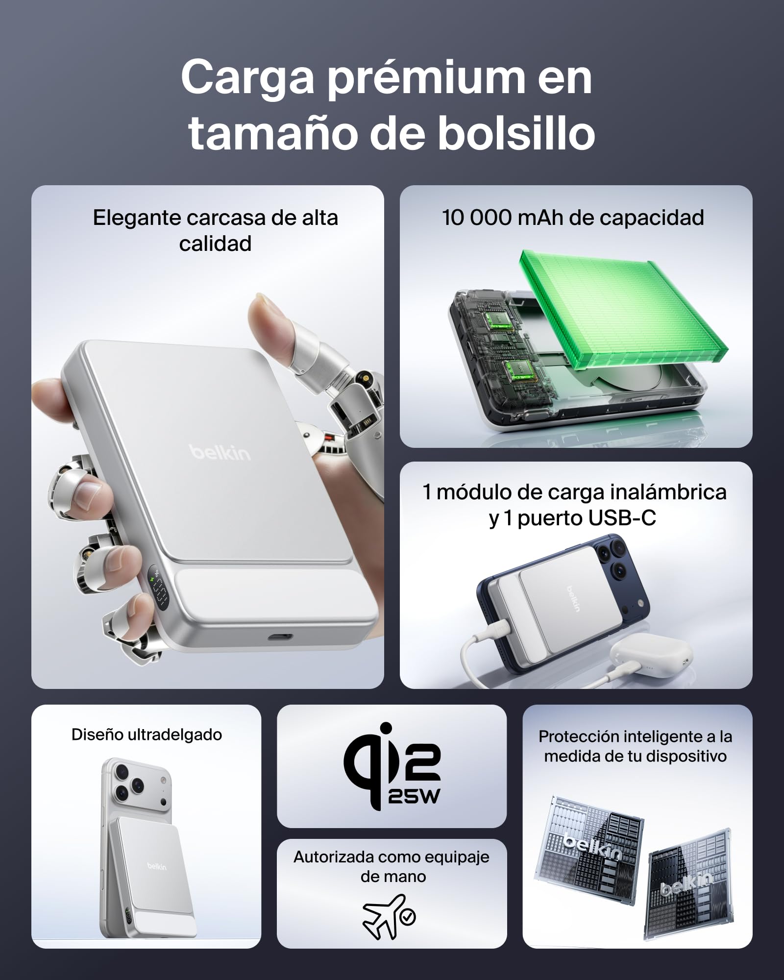 Belkin UltraCharge Batería Externa Magnética 10000 mAh Puerto USB- C Blanco | Power Bank 10000 mAh, Certificación Qi2 25 W, Anillo Magnético, Puerto USB-C, Cable, Autorizada en Aviones, Batería Portátil