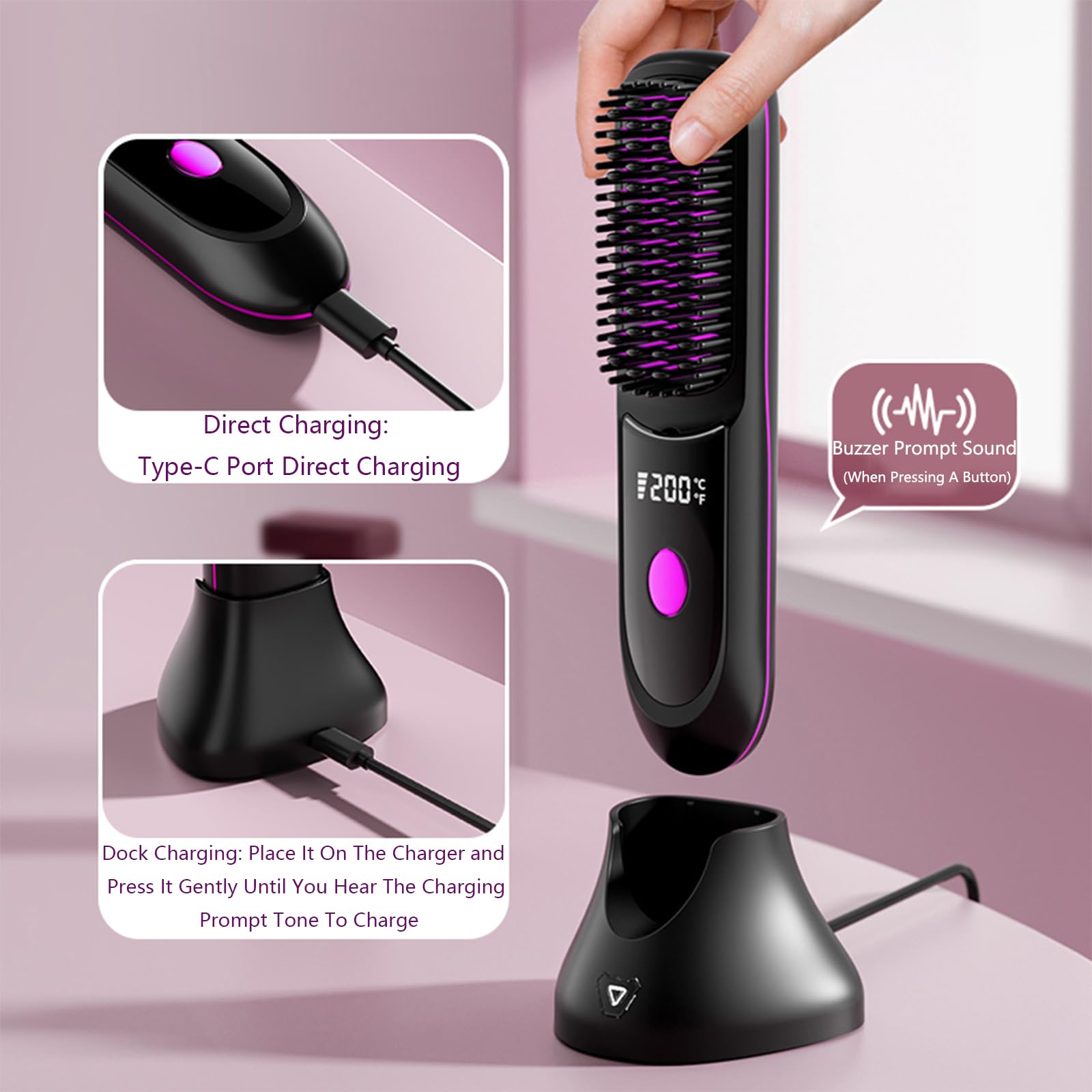Go Brush Pro Fer à lisser – Peigne sans fil avec ion négatif, chauffage rapide 6000 mAh et design de voyage portable, brosse rechargeable pour lisser et boucler (violet, 1 pièce)