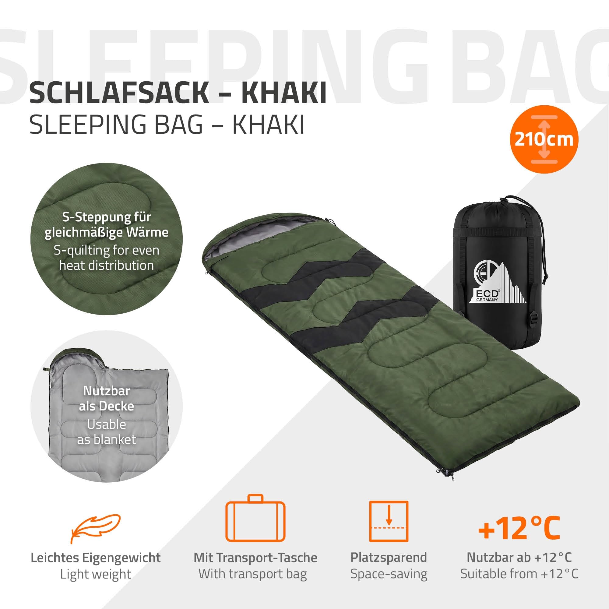 ECD Germany Spiwór Camping 210 cm, Lekki i Cieply Spiwór Outdoor Turystyczny 3 Sezonowy, Spiwór Kocowy o Kompaktowym Rozmiarze na Camping, Trekking, Sleeping Bag na Wedrówki i Podróz, Khaki