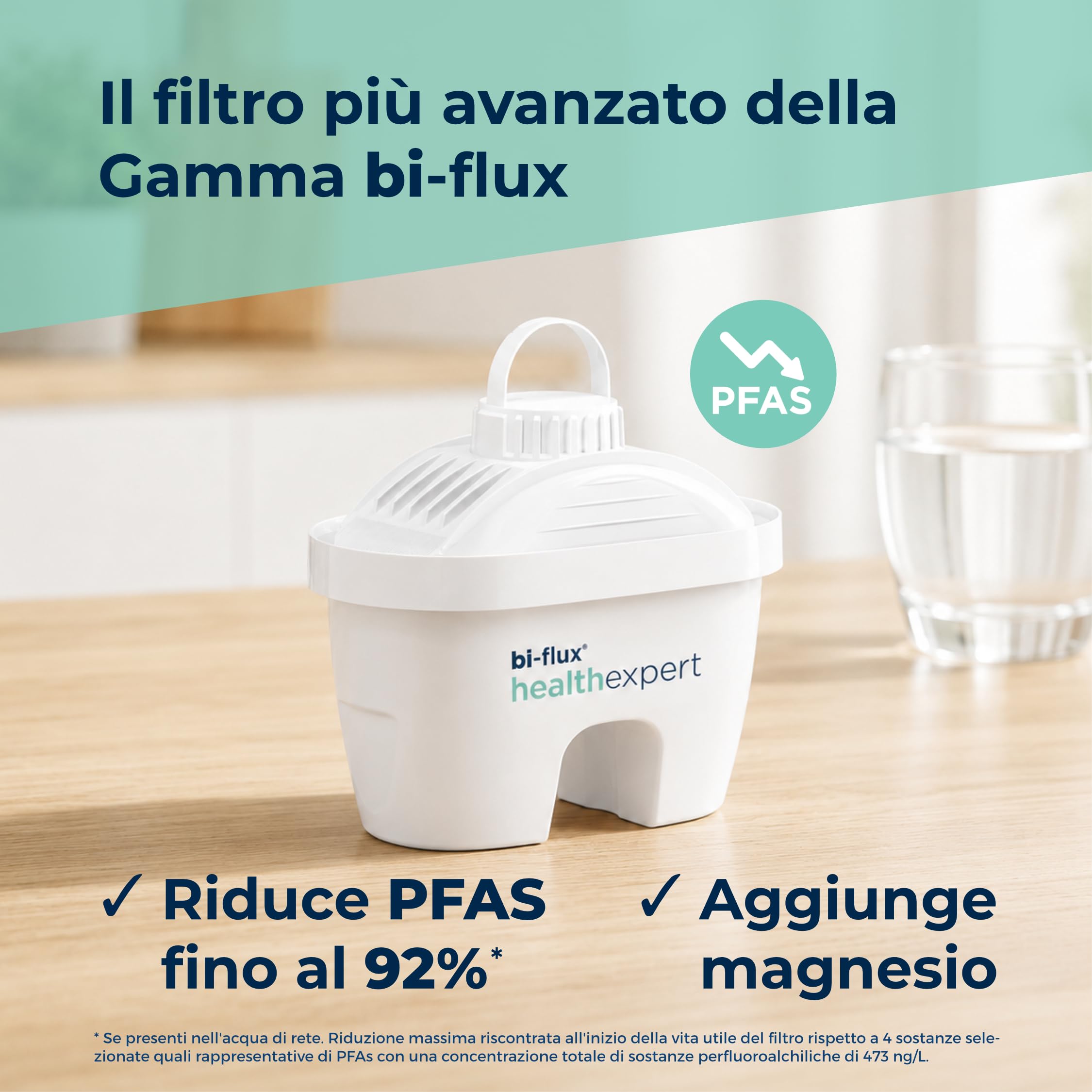 LAICA Stream Line bi-flux healthexpert Caraffa Filtrante - 2,3L Verde Acqua | 1 filtro incluso, riduce PFAS fino al 92%*, aggiunge magnesio, timer digitale e coperchio Quickfill, Made in Italy