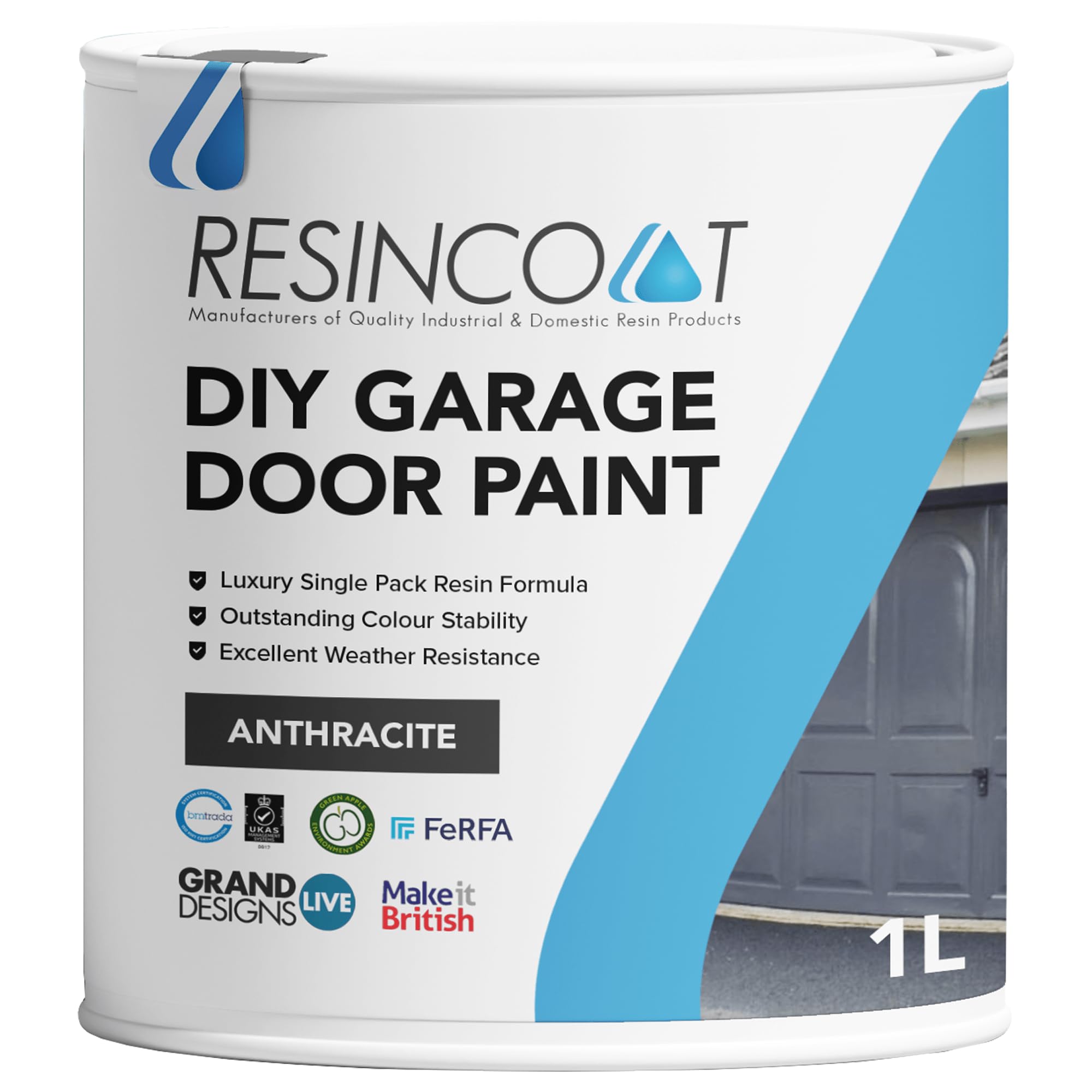 Resincoat Garage Door Paint, Quick Drying Metal Paint, Suitable for UPVC, Metal, Aluminium & Wood, Exterior & Interior, Tough Weather Protection, Rust Resistant, UK Manufactured, 1L (Anthracite)