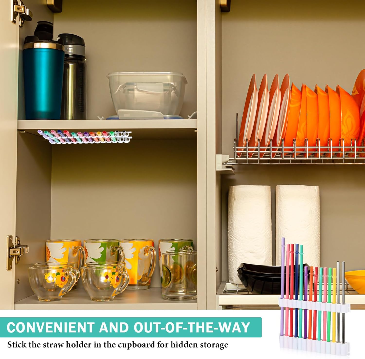 Baderke Straw Holder for Cabinet Reusable Straw Organizer with Double Sided Adhesive Tape Screws Storage Container for Kitchen Counter Cupboard(White,Classic) - Image 6
