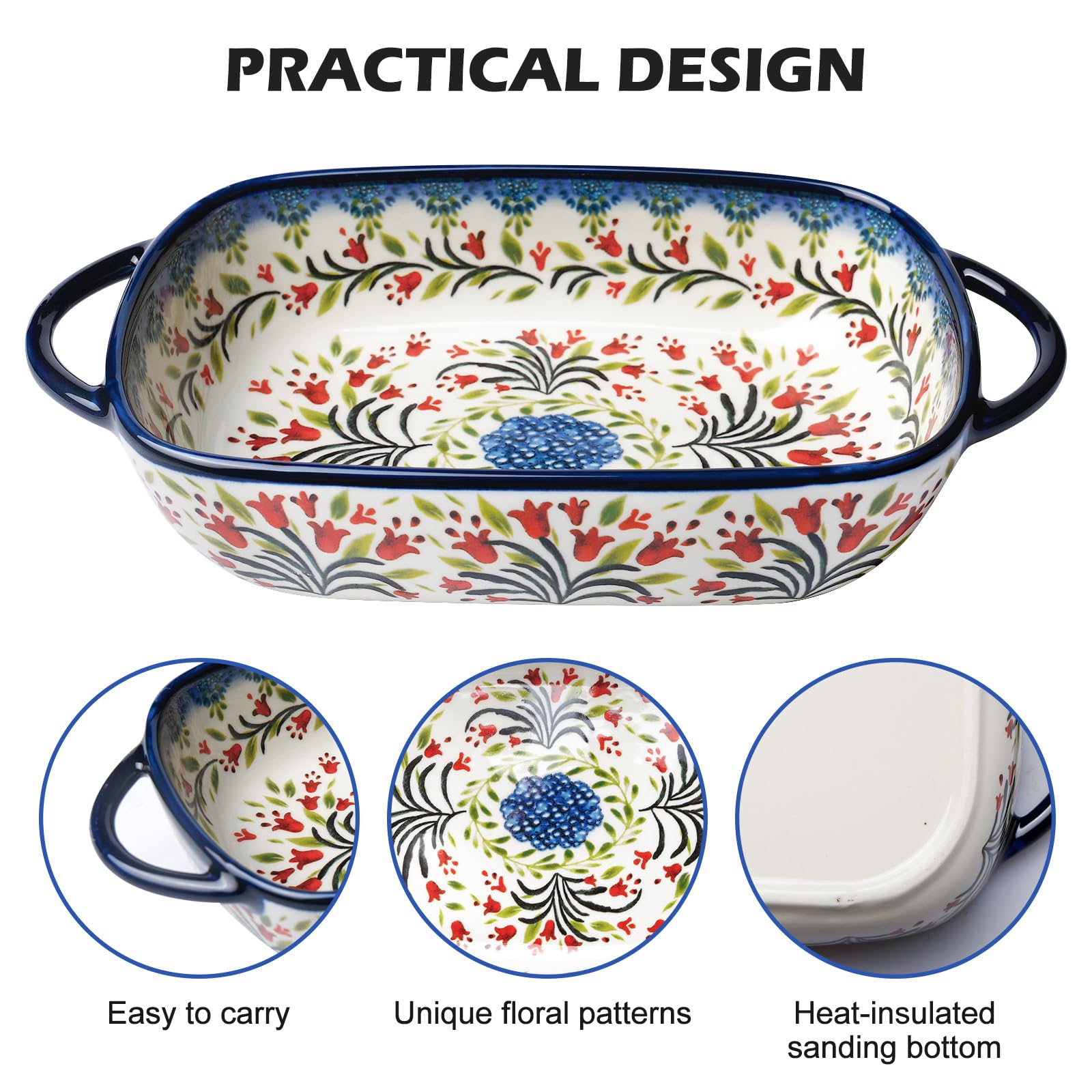 Pirofila in ceramica, rettangolare, attributi in ceramica, funzionalità, vintage, per cucina e tavolo da pranzo (doppio manico, 23,5 x 13 x 5 cm)