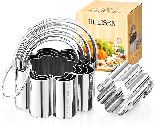 HULISEN Juego de cortador de galletas de flores (5 piezas/juego), cortador de galletas de acero inoxidable con borde festoneado con asa, juego de