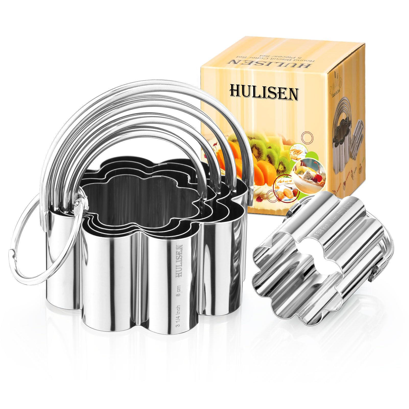 HULISEN Square Biscuit Cutter Set (4 Pieces/Set), Cookies Cutter with Handle, Professional Baking Dough Tools (Flower Shaped)