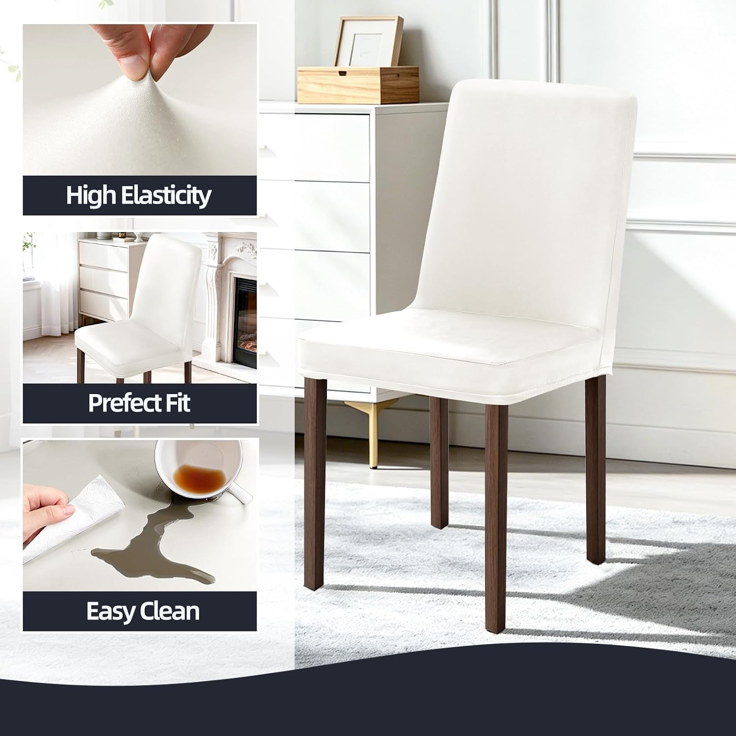 PU Leather 4-Pack Dining Chair Covers, Kitchen, White | Waterproof, Oilproof, Stretch Fit, Removable, Washable, Chair Protector for Dining Chairs, Kitchen&Dining Room Use