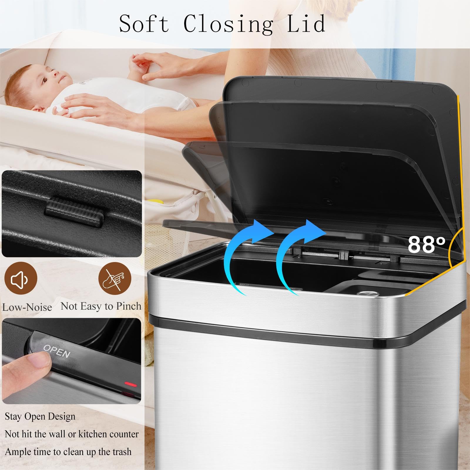 LIFEZEAL 72 L Cubo de Basura Cocina de 4 Compartimentos, Cubo Basura Apertura Automática con Sensor de 2 Niveles, Papelera de cocina de interior, Acero Inoxidable