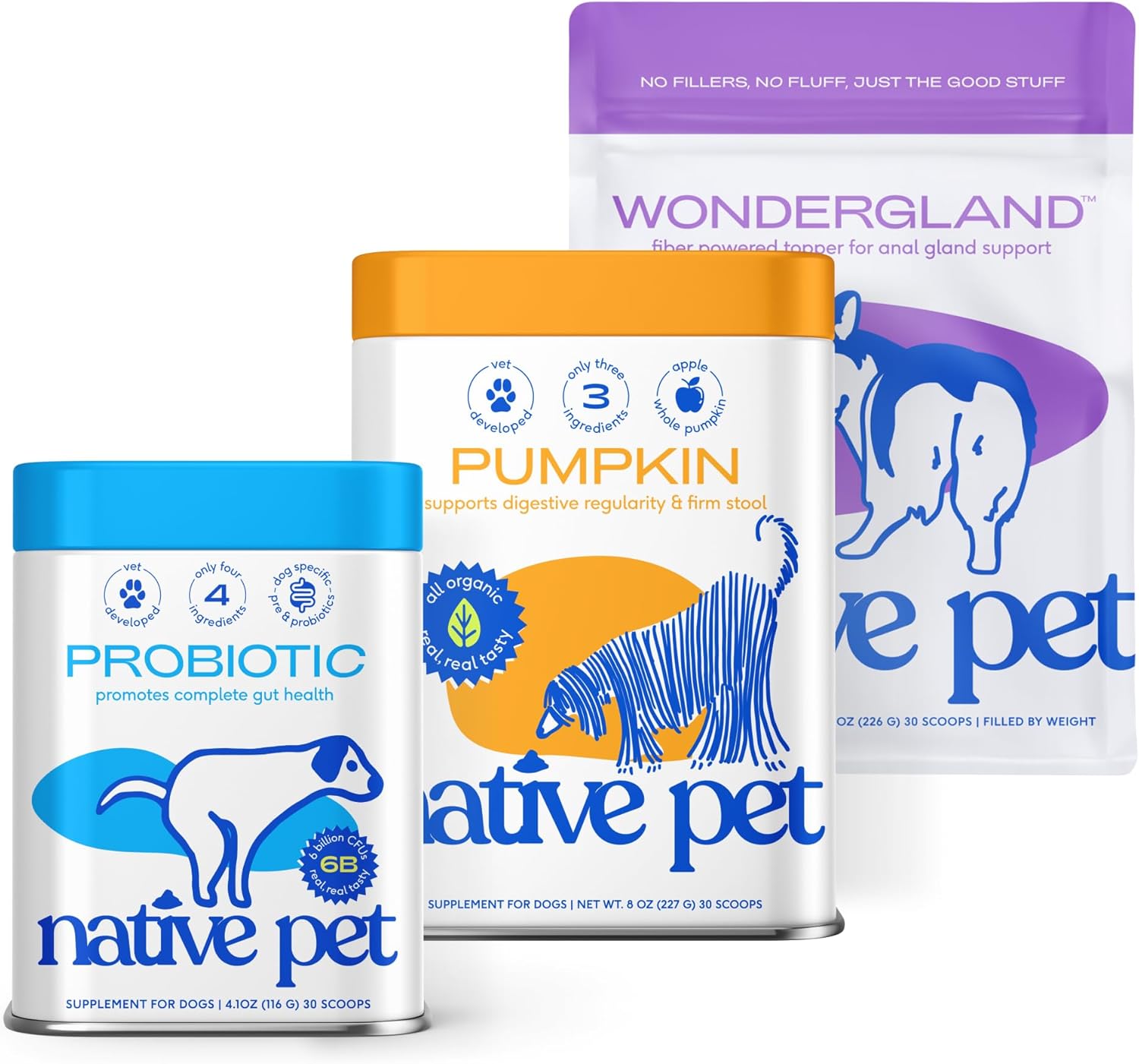 Native Pet Butt Stuff Bundle: Pumpkin Powder (30 Scoops), WonderGland Anal Gland Treatment (30 Scoops) & Probiotic Powder (30 Scoops) - Organic Fiber for Digestive & Gut Health Support