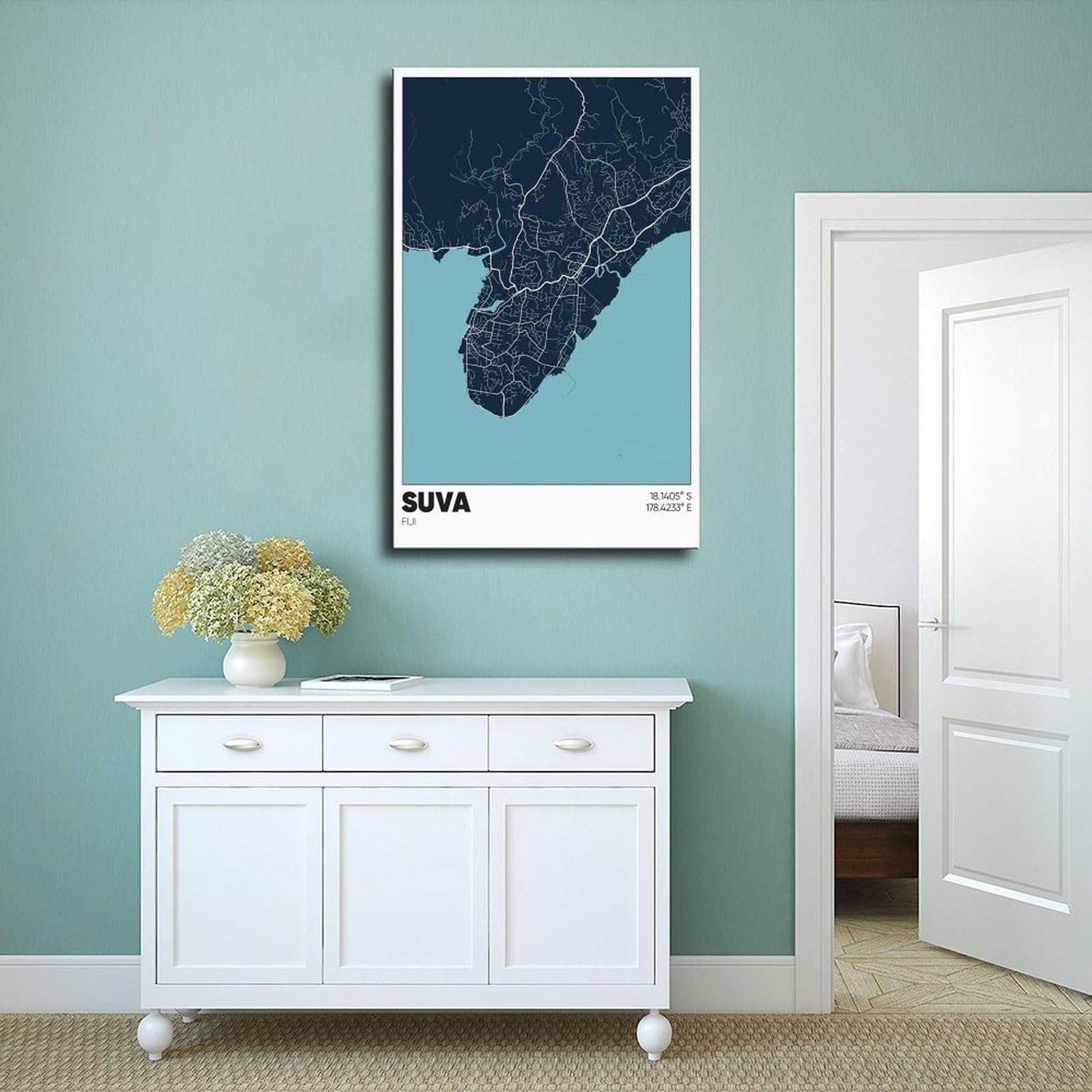 ANFOTCM Suva Mapa Fidżi, plakat na płótnie dekoracja sypialni sport krajobraz biuro pokój dekoracja prezent 60 x 90 cm