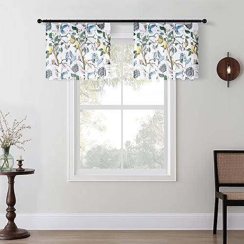 Farmhouse Kitchen Curtains 24 Inch Length 2 Panels Semi Sheer Pinch Pleated Short Window Drapes with Floral Retro Farmhouse Lemon Hummingbird Print for Nursery Girls Baby Room Blue and White