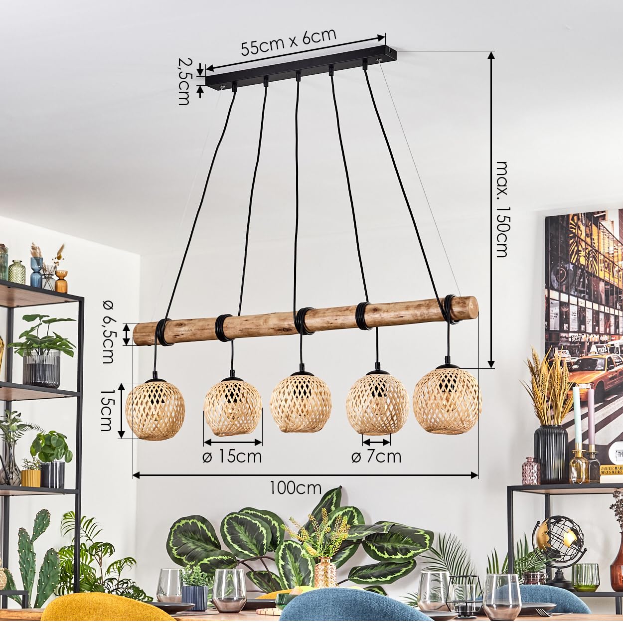 HOFSTEIN Pendelleuchte Basto, 5-flammige Hängelampe aus Metall/Holz/Bambus in Schwarz/Natur, Boho Hängeleuchte mit Bambusschirmen u. Holzbalken, max. 150cm, E27, Esszimmer, Wohnzimmer, Küche