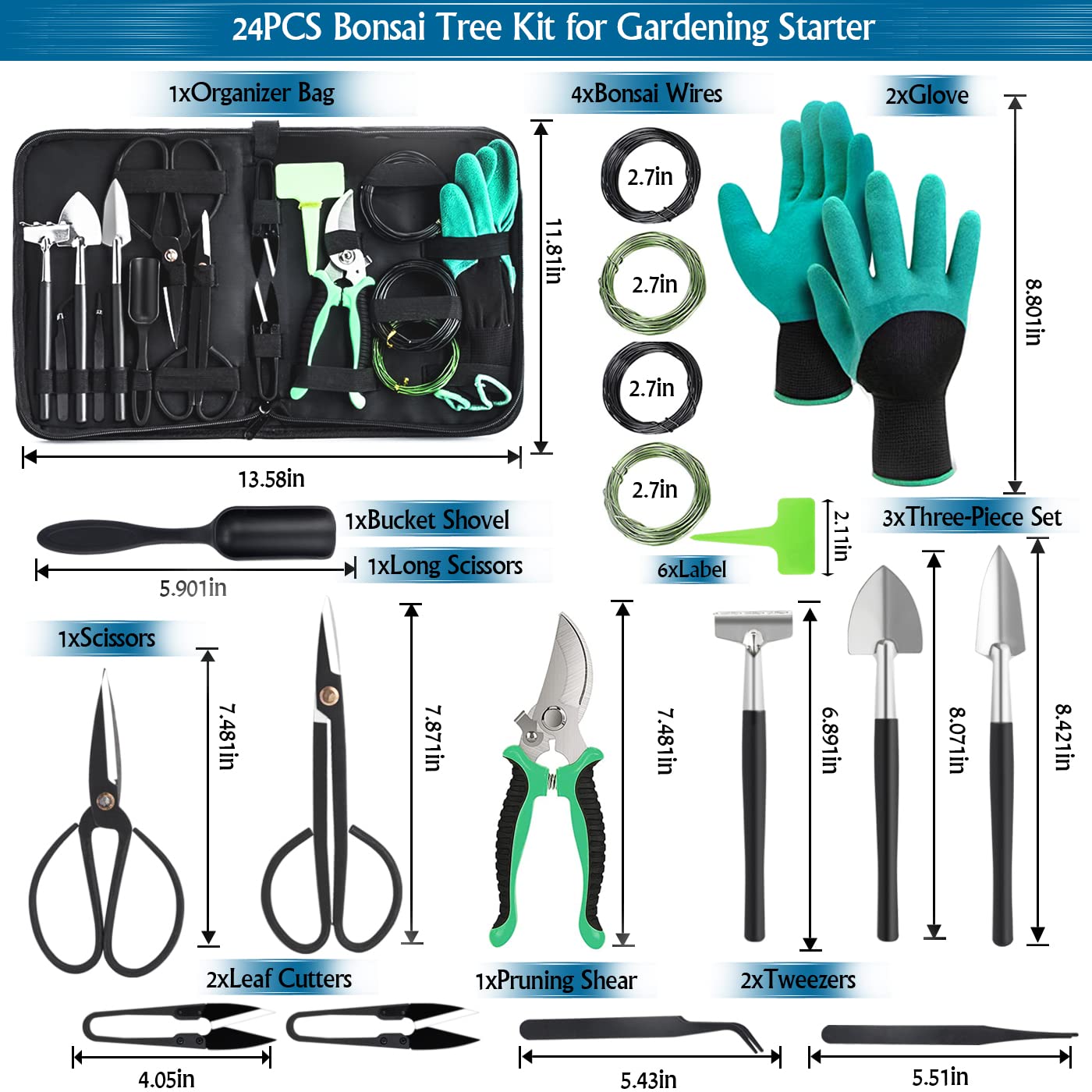 DEWINNER Bonsai Set 24 Piece, Garden Tool Kit, Beginner Gardener Bonsai Gardening Set, Machete, Storage Bag, Gardening Trowel, Mini Rake and Spade, and Garden Gloves (Gants de Jardinage)
