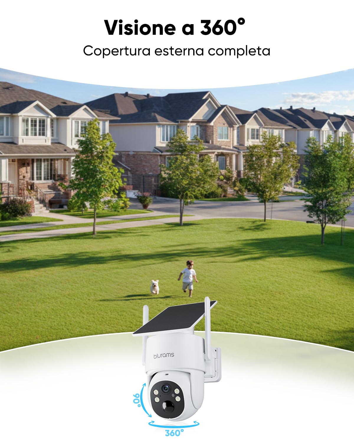 blurams 2K Telecamera Wi-fi Esterno Senza Fili con Pannello Solare | 4MP, Pannello Solare Integrato, 5GHz & 2.4GHz WiFi6, 360° PTZ, Rilevamento Movimento, IP65