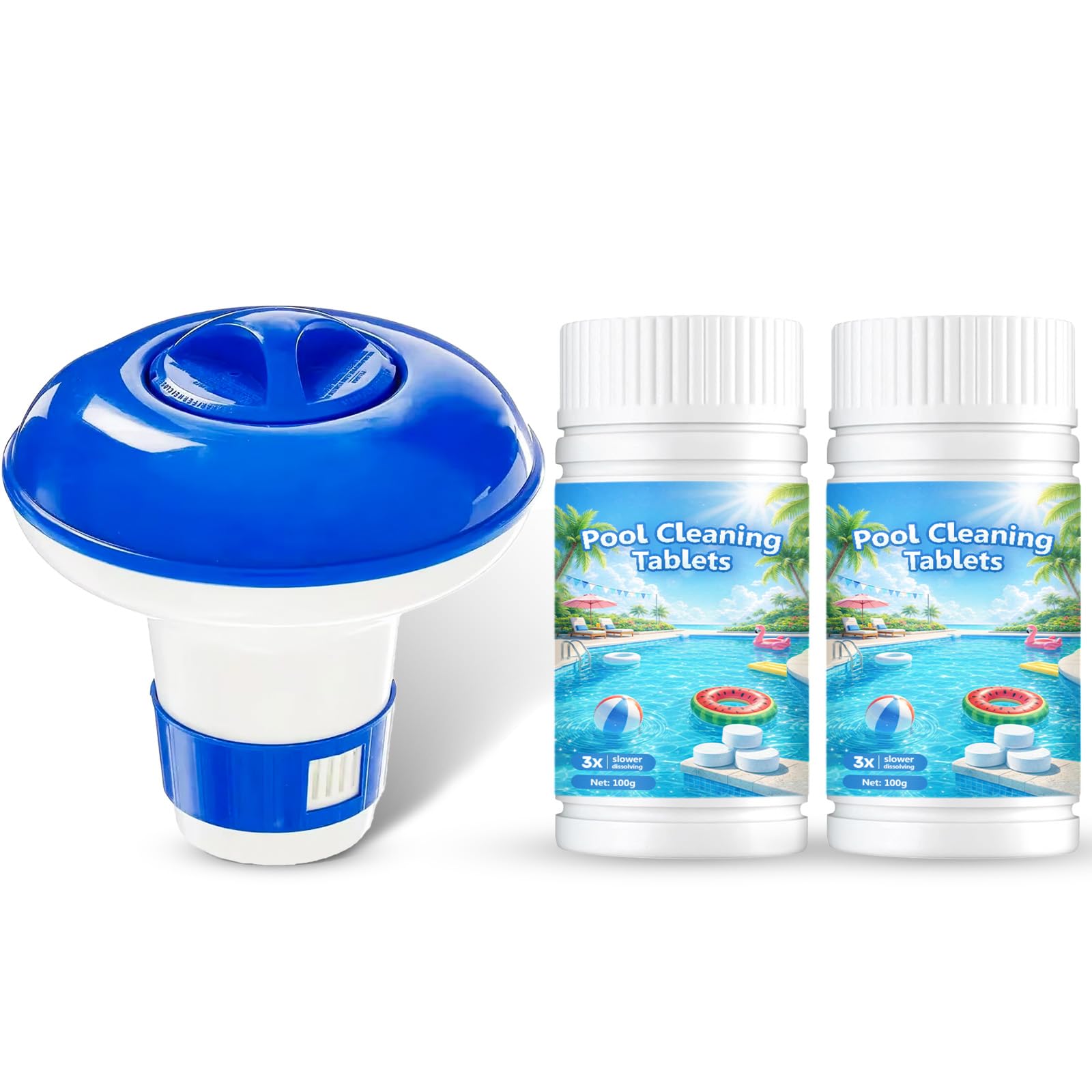 Aforentier 2Pcs 100g Chlorine Tablets with 1Pc Floating Chlorine Tablets Dispenser Chlorine Tablets Set for Swimming Pool Pool Spa Bathtubs