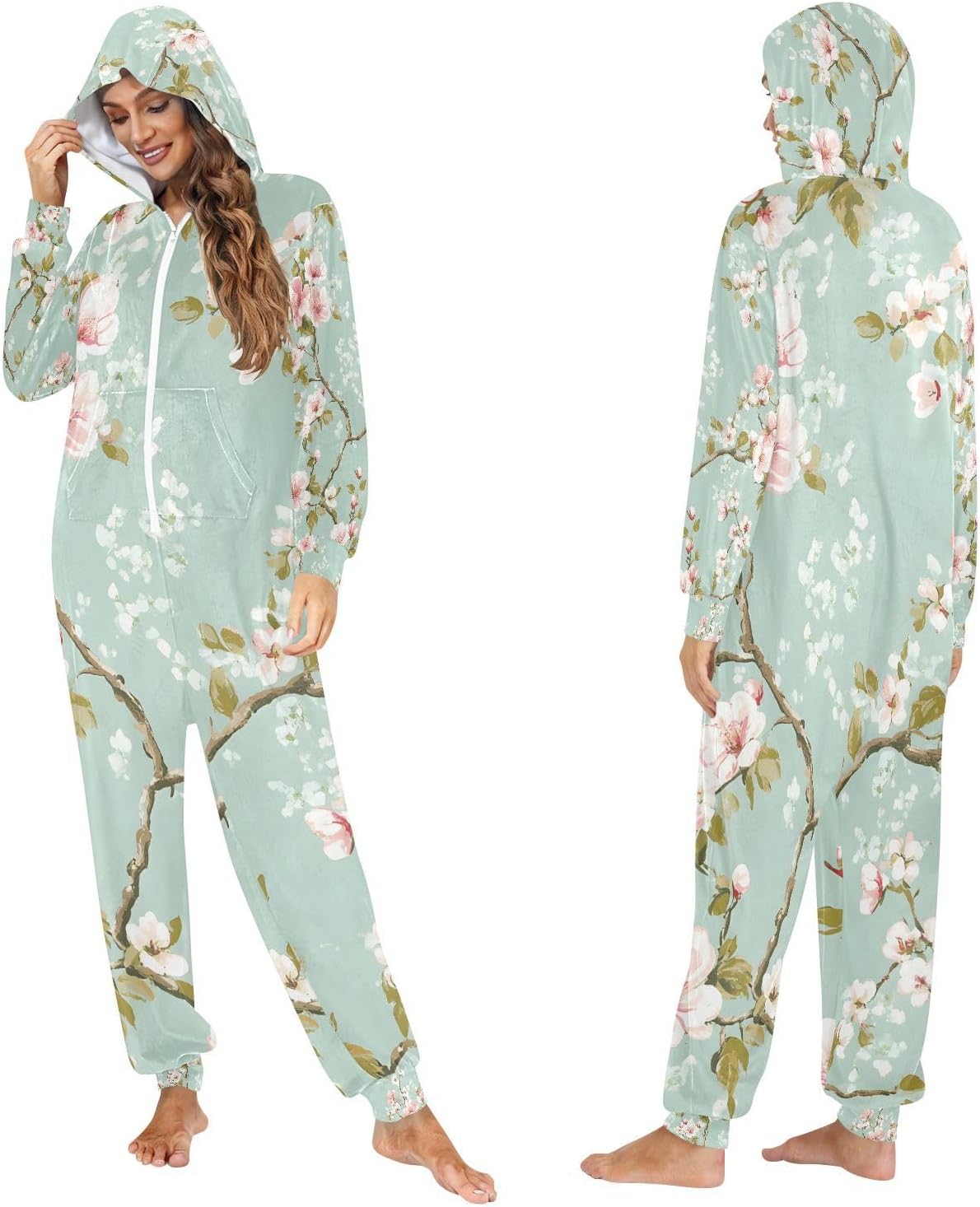 Spring Cherry Blossom Flowers Unisex Adult Onesie Pajamas Comfy One Piece Costume Jumpsuits Novelty Sleepwear Homewear for Men Women