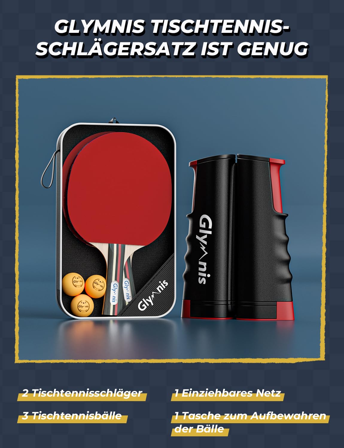Glymnis Tischtennis-Set Tragbares Ping Pong Bälle Set für Indoor Outdoor Spiel Tischtennis-Training mit einziehbarem Netz, Paddel, 3-Sterne-Bälle & Aufbewahrungstasche