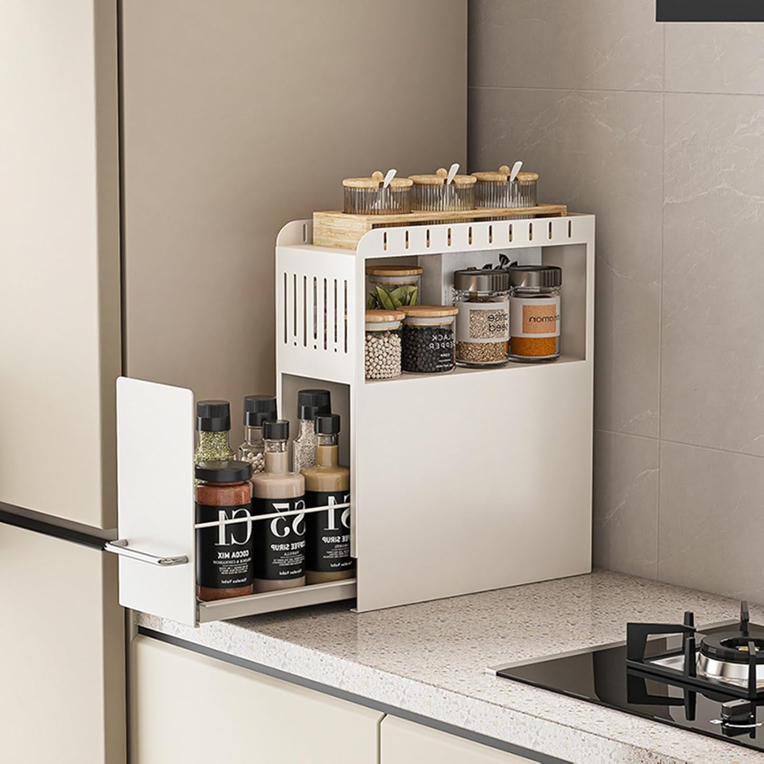 Kitchen Countertop Storage Spice Rack, Pull-Out Metal Spice Rack Organizer, Narrow Side Space Saving, Condiment Bottle Storage, White(2 Layer)