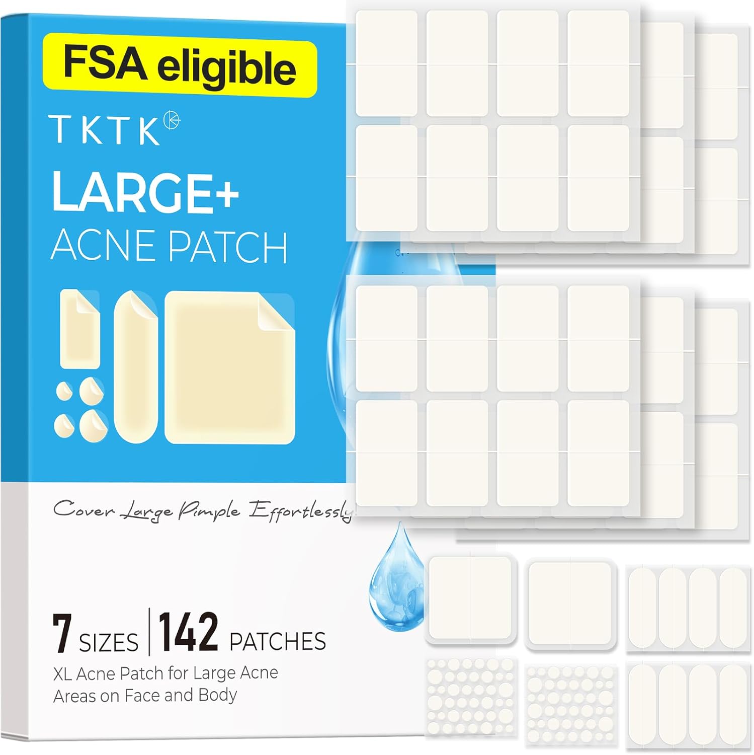 Large Pimple Patches for Face, 7 Sizes Big Acne Patches, FSA Eligible XL Hydrocolloid Bandages for Body, Chin, Forehead, Nose, Blemish Zit Breakouts, Hydrocolloid Patch (Square, Strip, Dot 142 Count)