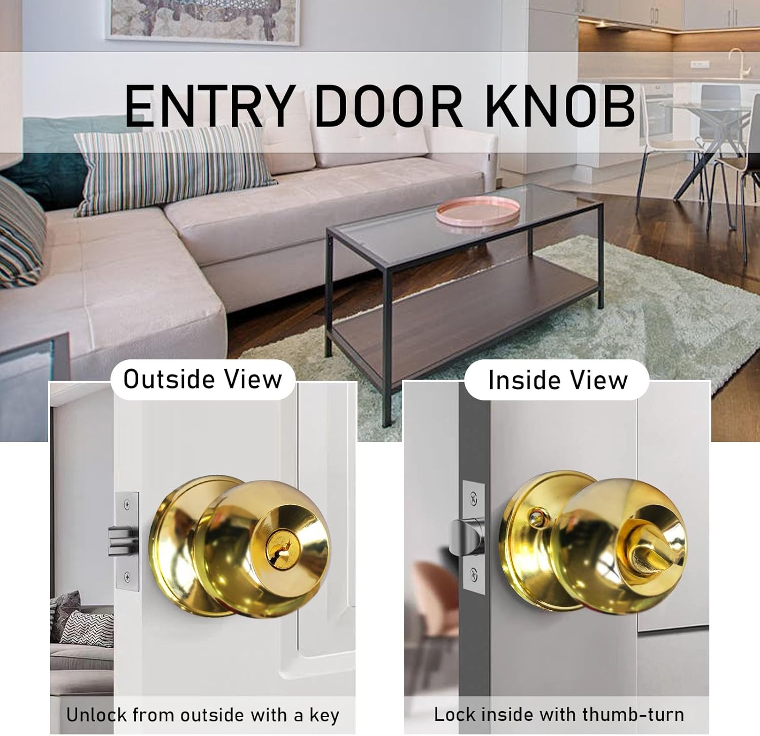 Gold Door Knobs with Lock and Keys, Interior and Exterior Door Lock, Standard Ball Door Locks for Bedrooms/Bathroom