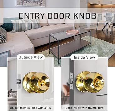 1 Pack Gold Door Knobs with Lock and Keys, Round Ball Door Handle