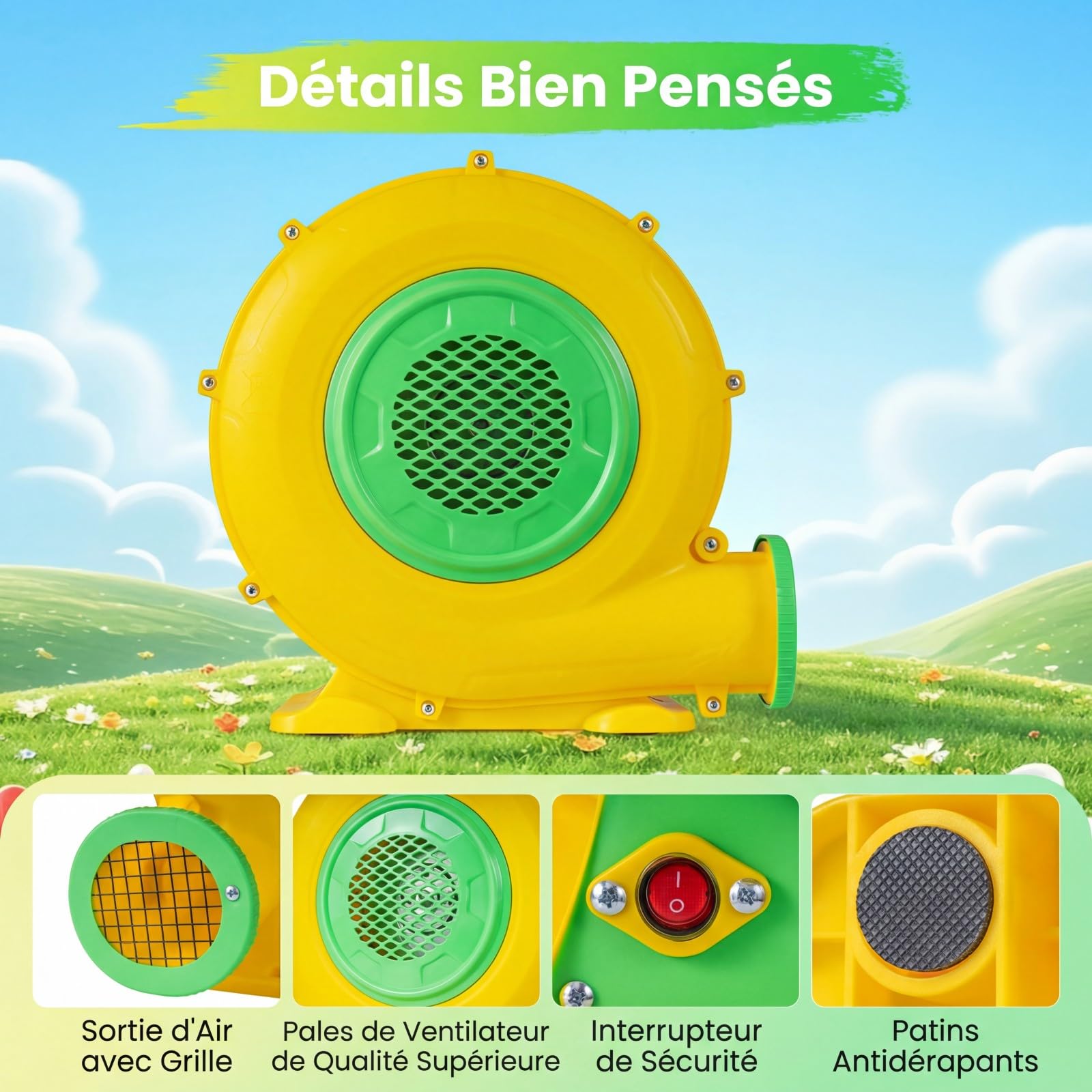 COSTWAY Gonfleur Électrique 350/450/550/680/750/850/950W avec Poignée Pratique & Piquets de Sol, Pompe à Air Électrique avec Cordon & Couvercle en Maille, Souffleur d'air pour Château Gonflable