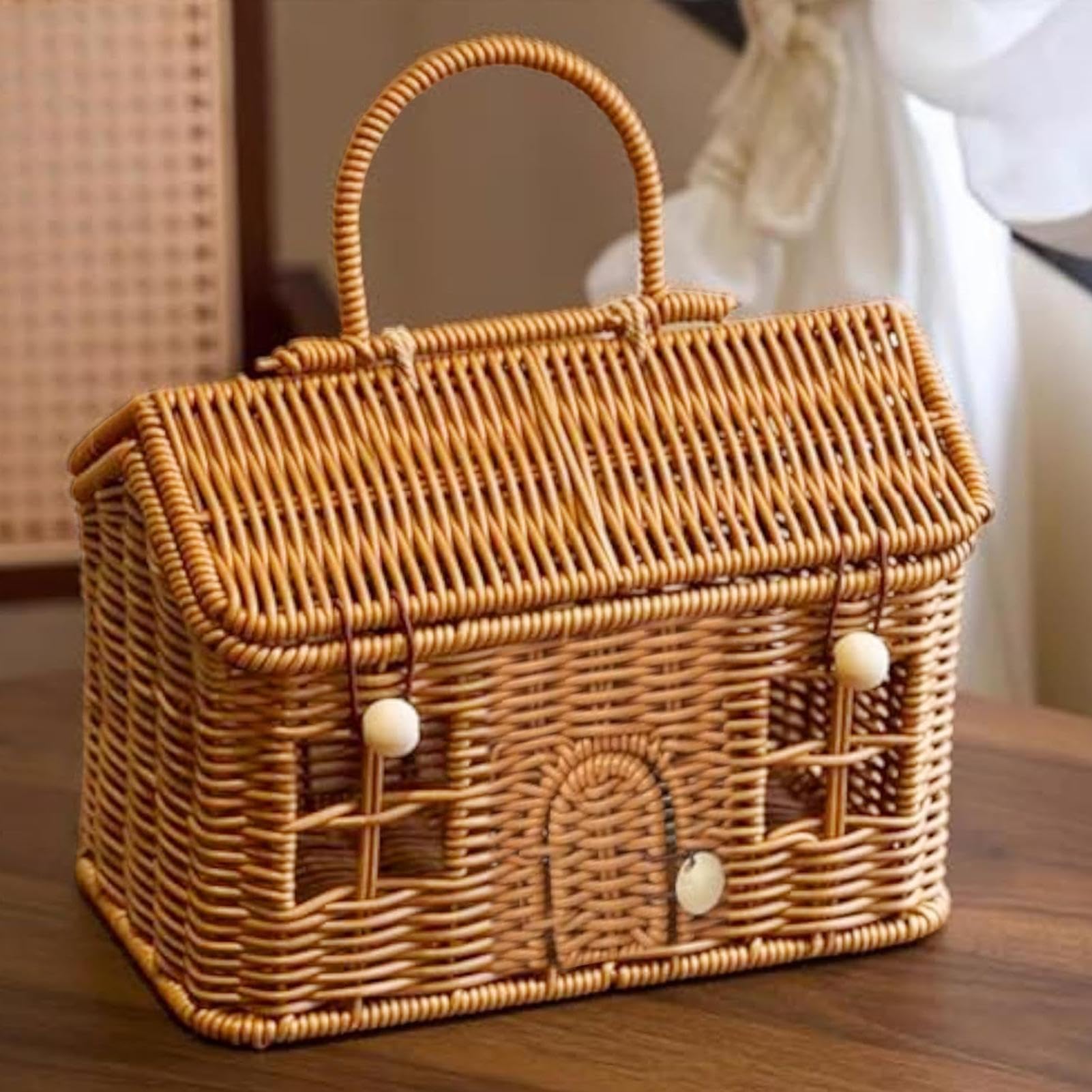 Cestas de mimbre para almacenamiento, decoración rústica para el hogar, portátil, cesta de almacenamiento de juguetes tejida a mano con tapa, para baño, lavandería, habitación infantil