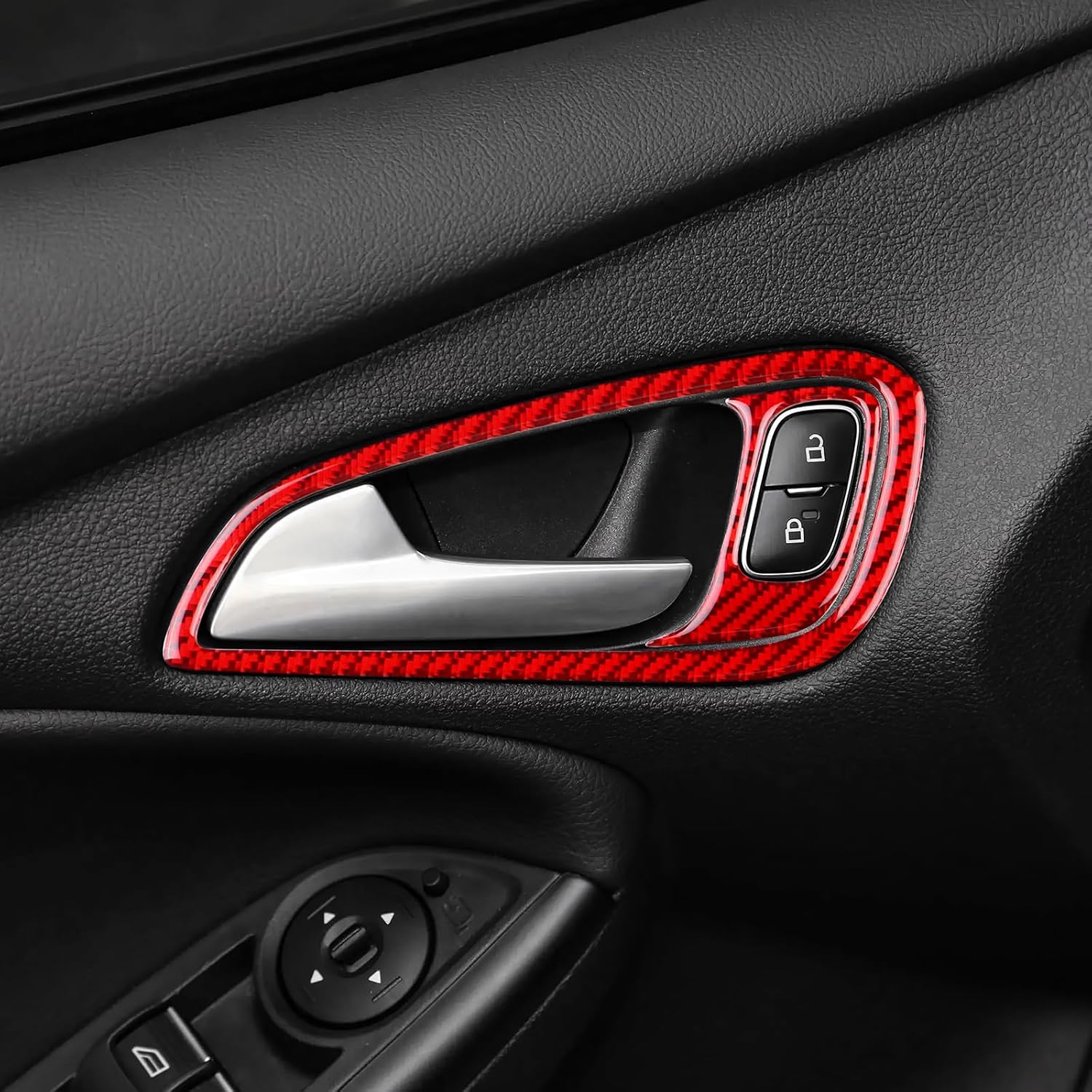 Real Carbon Fiber Inner Door Handle Frame Sticker, Covers for Ford Focus RS/ST/SE/ECO Boost (2015-2018), Interior Decal Car Accessories, Red