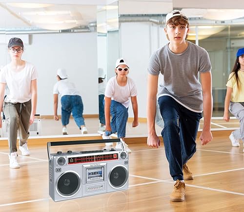 Vista 7 de Riptunes Boombox - Grabador de cassette de radio, radio AM/FM -SW1/SW2, transmisión inalámbrica, ranuras USB/Micro SD, entrada auxiliar, conector