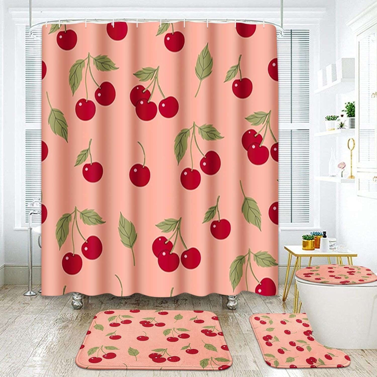 4 Pcs Shower Curtain Set with 12 Hooks, Red Cherry Fruit Green Leaves, Bathroom Decor Sweet Beige Cherries Plant Summer Harvest Bathing with Non-Slip Rugs Toilet Lid Cover Bath Mat 72"x72"