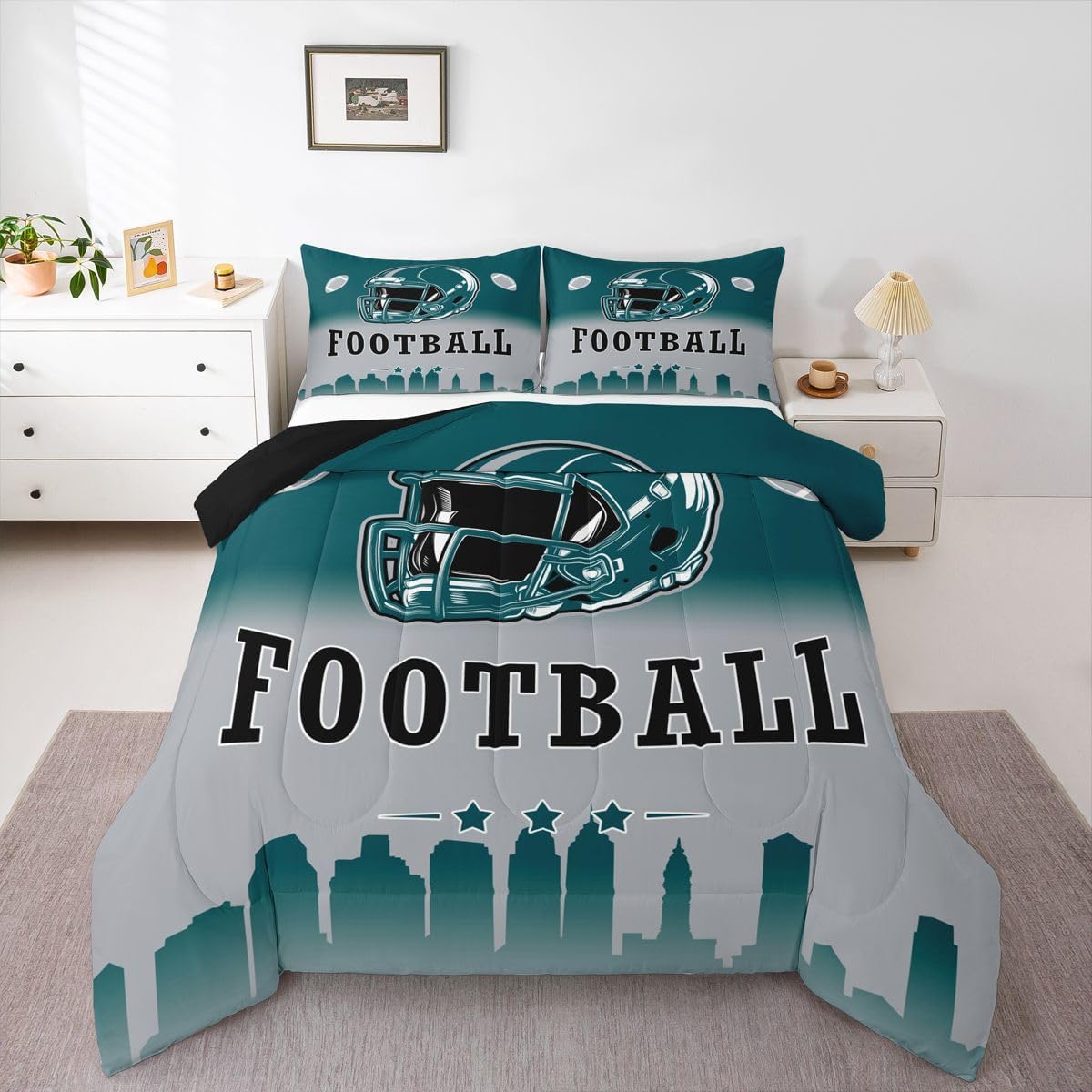 Erosebridal Football Comforter Set American Soccer City Twin Size Bedding Set for Kids Teen Adults,Rugby Sports Green Grey Comforter Sports Competitive Games Quilt