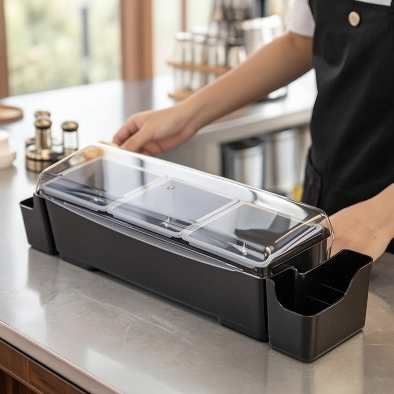 Gralara Portacondimenti con Vaschette Estraibili Pratico Organizzatore da Banco con Vaschette Igienico Contenitore Coperchio per Ristoratori, Buffet, Contenitore Per Frutta Con 6 Scomparti E Orecchie