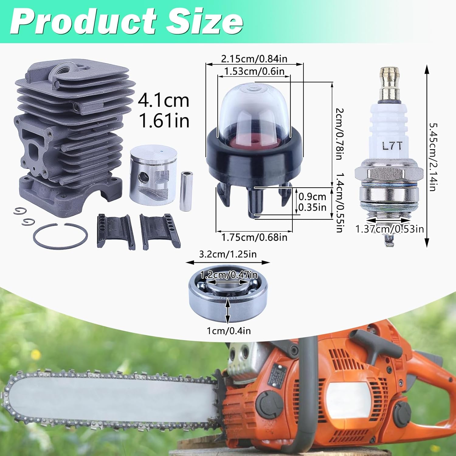 Adefol Chainsaw 41mm Cylinder Piston Kit for Poulan P3314 P3416 P3816 P3516PR with Spark Plug, Primer Bulb, Gasket Set, Carb Kit, Air Filter Fuel Line, Worm Gear, Crank Bearing, Oil Seal Parts