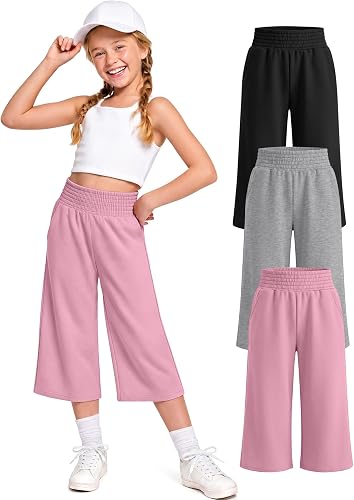 YooAurvox 3 Pack Girls Capri Pants with Pockets,Wide Leg Cropped Casual Pants wi