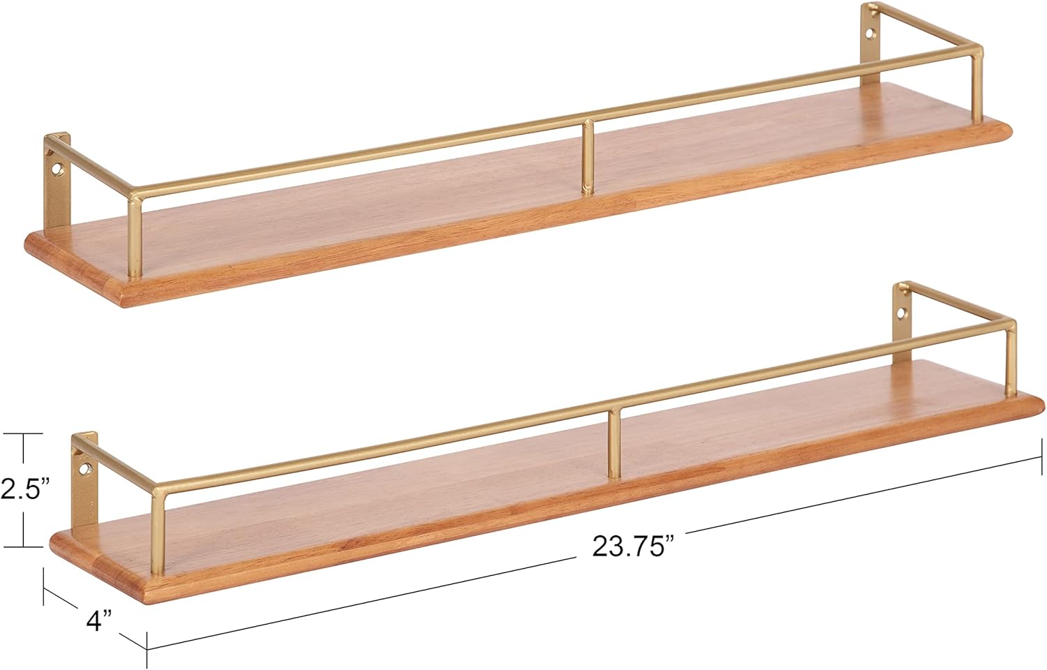 Kate and Laurel Camryn 2-Piece Wood and Metal Floating Wall Shelves, 4 x 24, Natural Wood and Gold, Simple Shelving Unit Set for Display or Storage