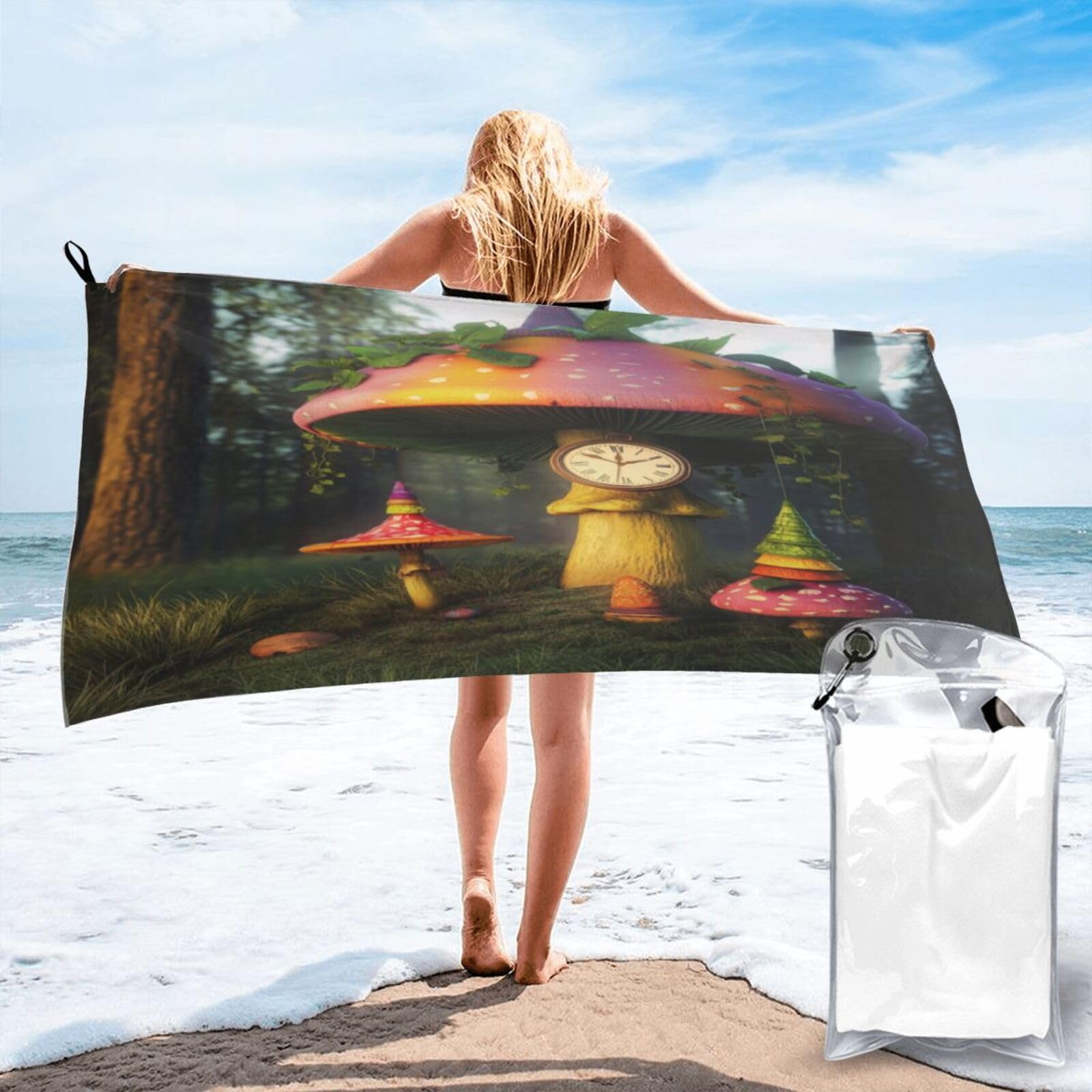 Anceky Fantastical Clock Mushroom Scene Digital Artwork Quick Dry Microfiber Travel Towel with Carry Case and Carabiner 27.5"X55"