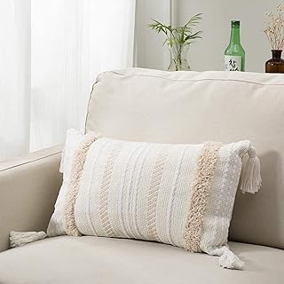 Ruucy Boho Cushion Covers, Tufted Throw Pillow Cover Boho, Decorative Tassel Woven Boho Pillow Cases 30 x 50cm, Beige Cushions for Couch Sofa Bed Living Room with Invisible Zipper