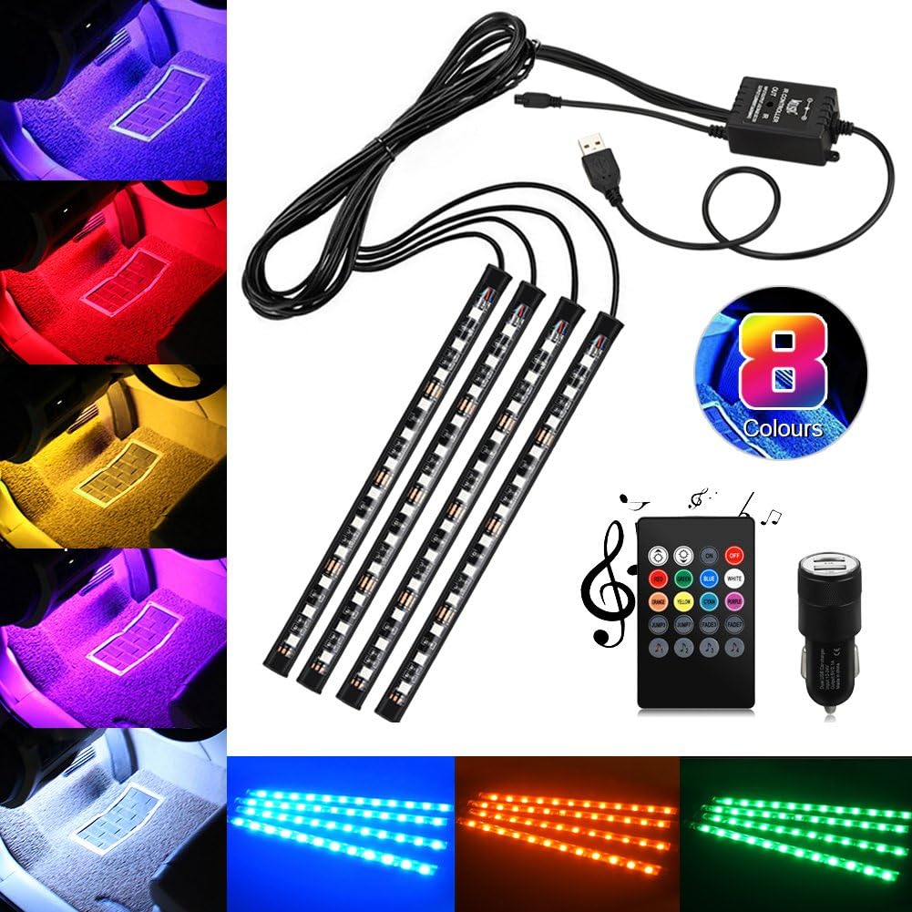 GOLDFOX 4x12 Car LED Strip Interior Lights with Dual USB Car Charger, Waterproof Multicolor Sound-activated Car Interior Footwell Lights, Wireless Remote Control and USB Powered