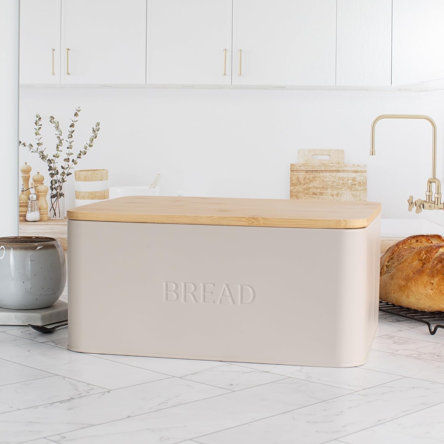 ZICOTO Beautiful Bread Box With Wooden Lid For Your Kitchen Countertop - Spacious Container Perfectly Stores Your Homemade Bread, English Muffins & Bagels - Quality Cutting Board Lid Keeps Loaf Fresh Fog